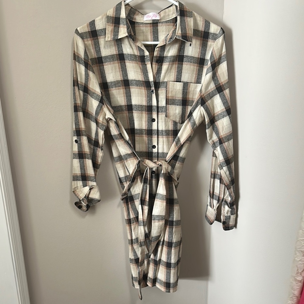 Pink Lily Plaid Shirt Dress - Black, Cream, Tan